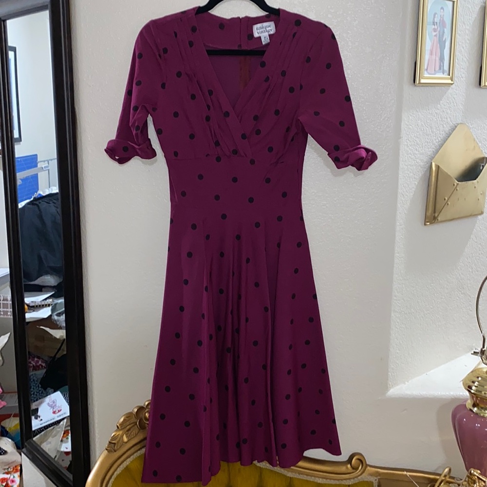Magenta and Black Polka Dot Unique Vintage Swing Dress